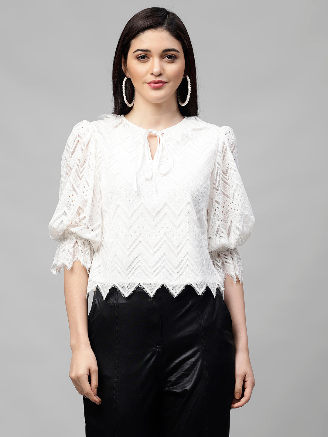 White Tie-Up Neck Puff Sleeves Lace Top
