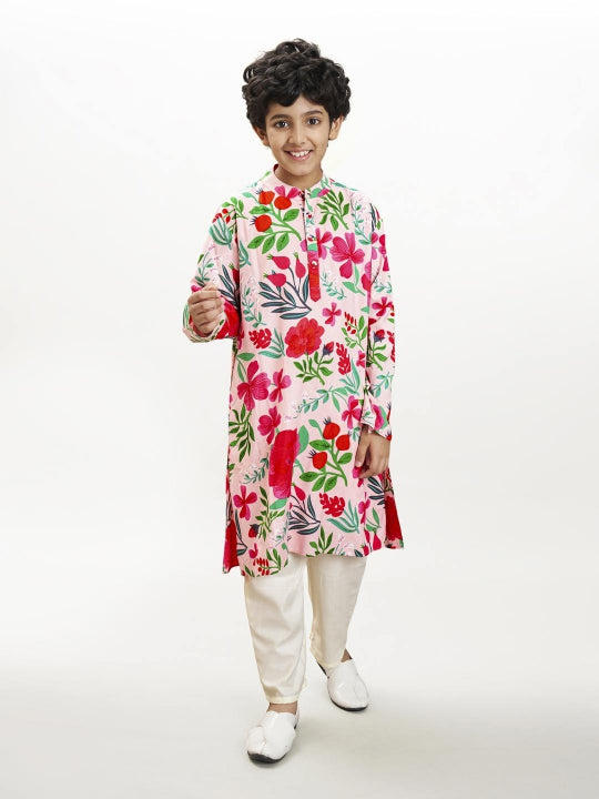 Boys Peach floral printed kurta with a off white pajama