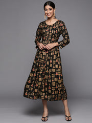 VARANGA BLACK GOLD PRINTED DRESS WITH ROUND NECK