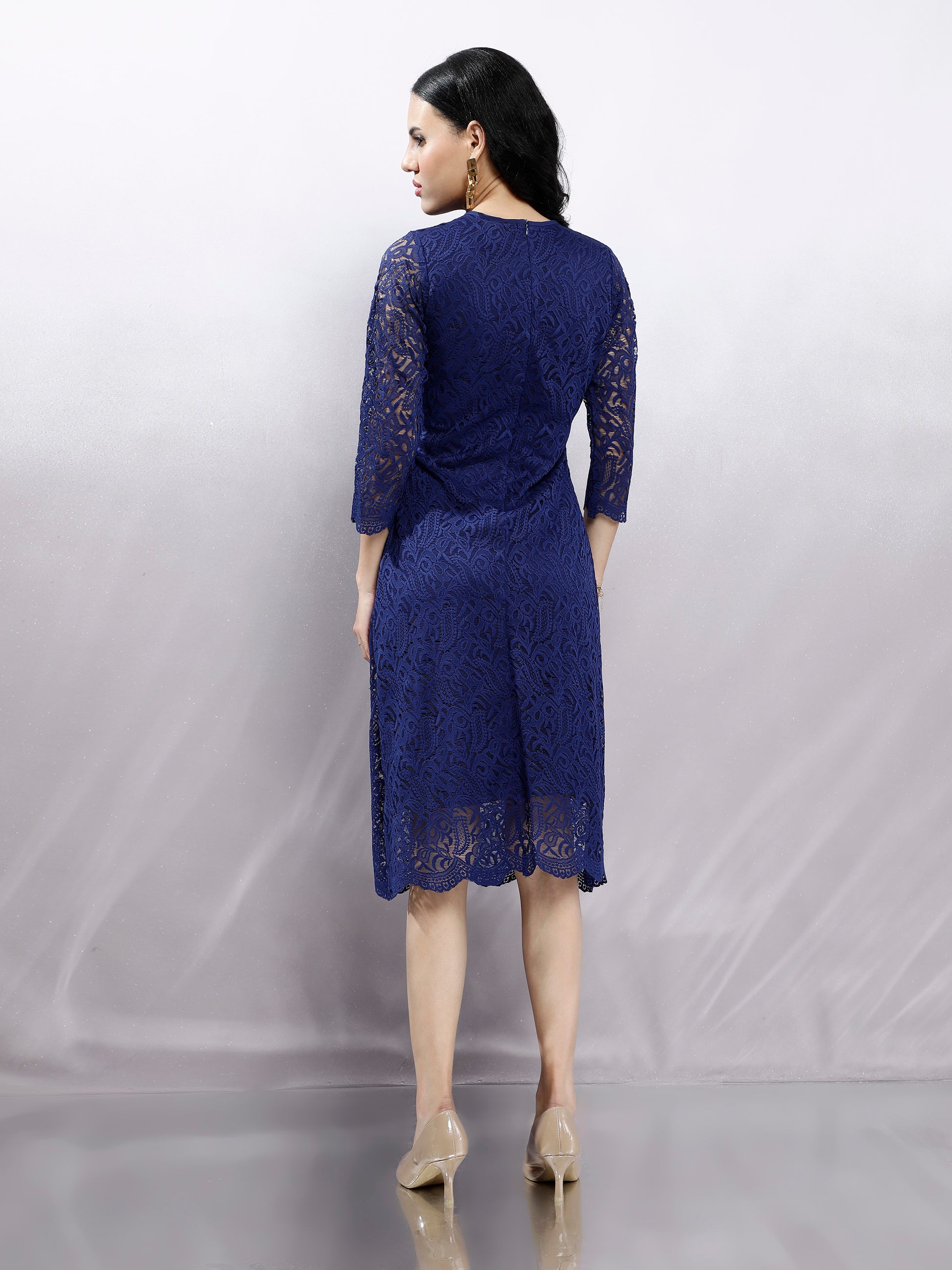Navy Blue Keyhole Neck Lace Midi Sheath Dress