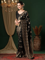 Women's Georgette Black Woven Design Designer Saree With Blouse Piece