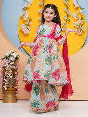 Girls Sea Green Multi Printed Jacket Style kurta with Sharara With dupatta