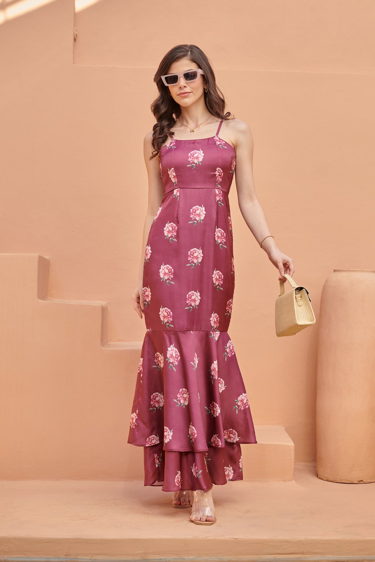 Burgundy Fish Cut Satin Dress
