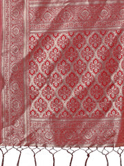 Stunning Beige & Red Linen Saree with Floral Print and Rich Zari Pallu – Festive & Traditional Wear