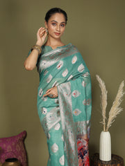 Green Floral Linen Cotton Saree with Zari Border & Digital Printed Pallu – Elegant Sari for Festive Occasions