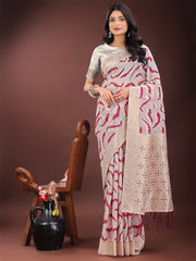 Elegant Beige & Coral Linen Saree with Zari Border and Abstract Pattern – Premium Festive & Office Wear