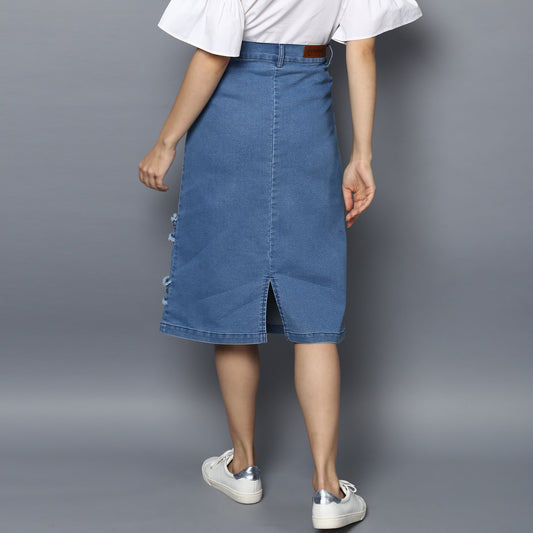 Women's Denim Distressed Strip Skirt