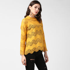 Women's Mustard Yellow Self Detail Lace Top