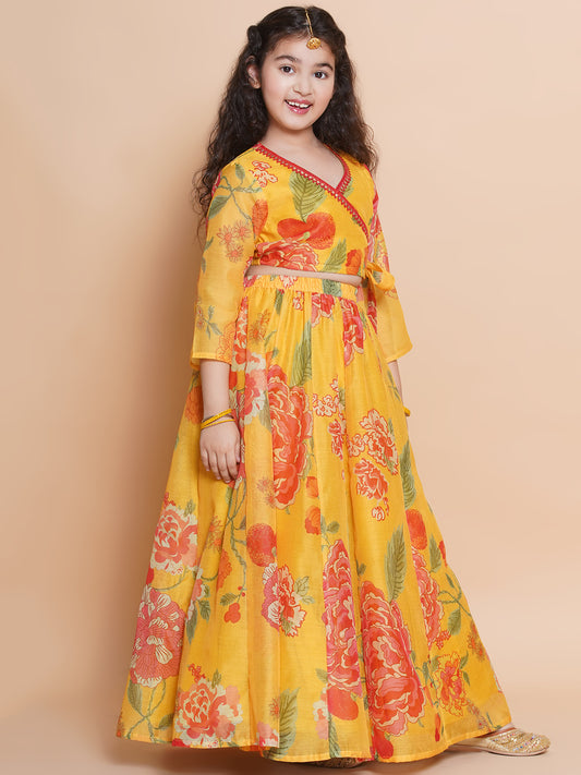 Girls Yellow Printededed Ready to wear Choli & Lehenga