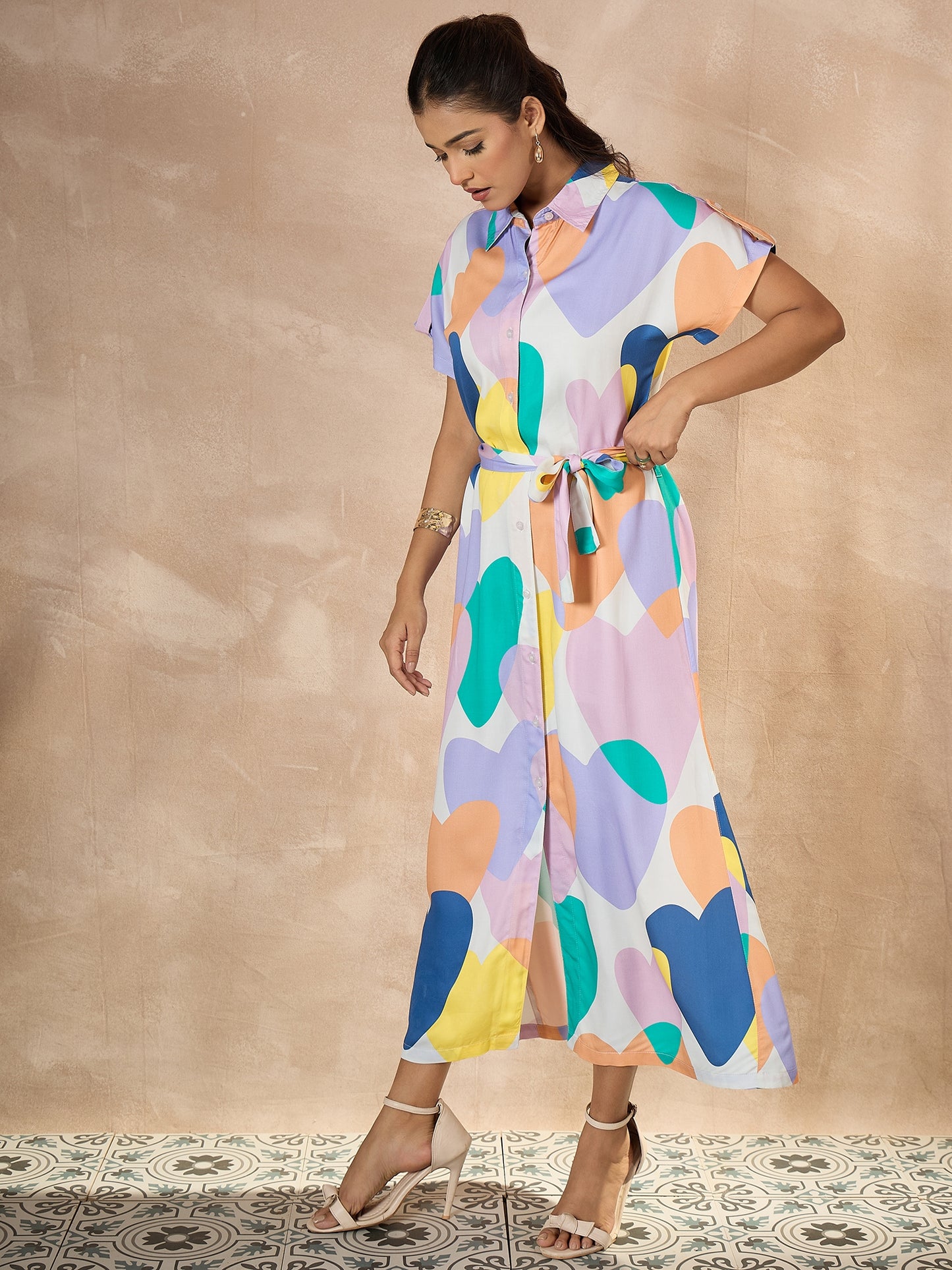 StyleStone Women's Viscose Modal Satin Printed Dress with Waist Fitting