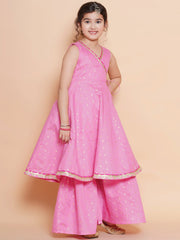Girls Pink Ethnic motifs woven design Kurta With Sharara dupatta