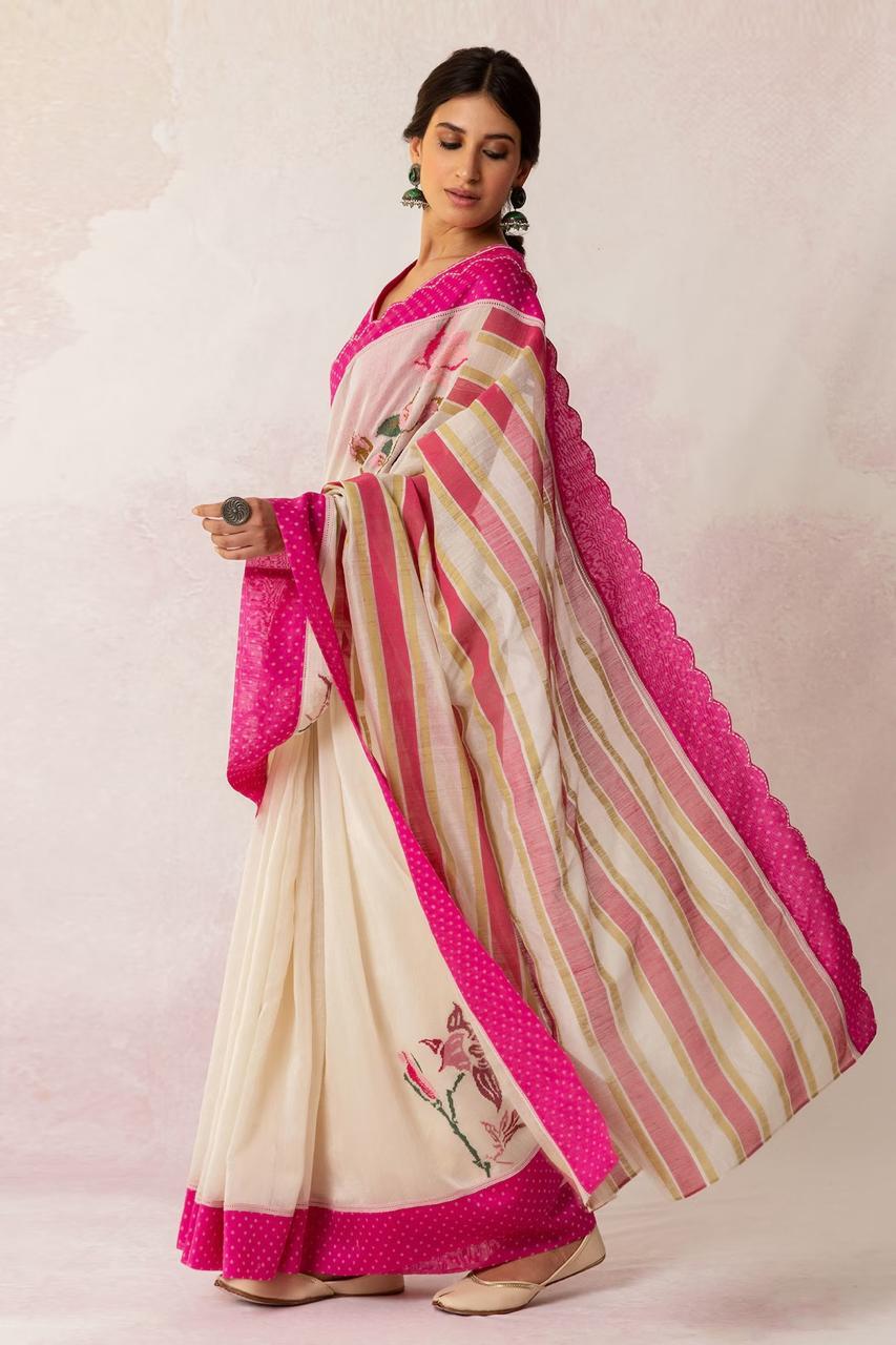 Soft linen saree with shaded style prints and cutwork