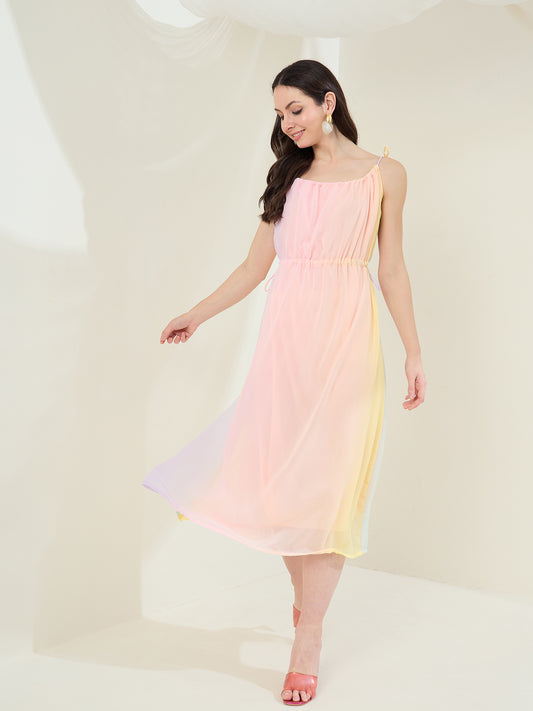 StyleStone Women's Peach Georgette Printed Dress with Drawstrings