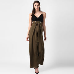 Women's Yellow Polyester High Waisted Palazzo with front Rivets and Back Elastic