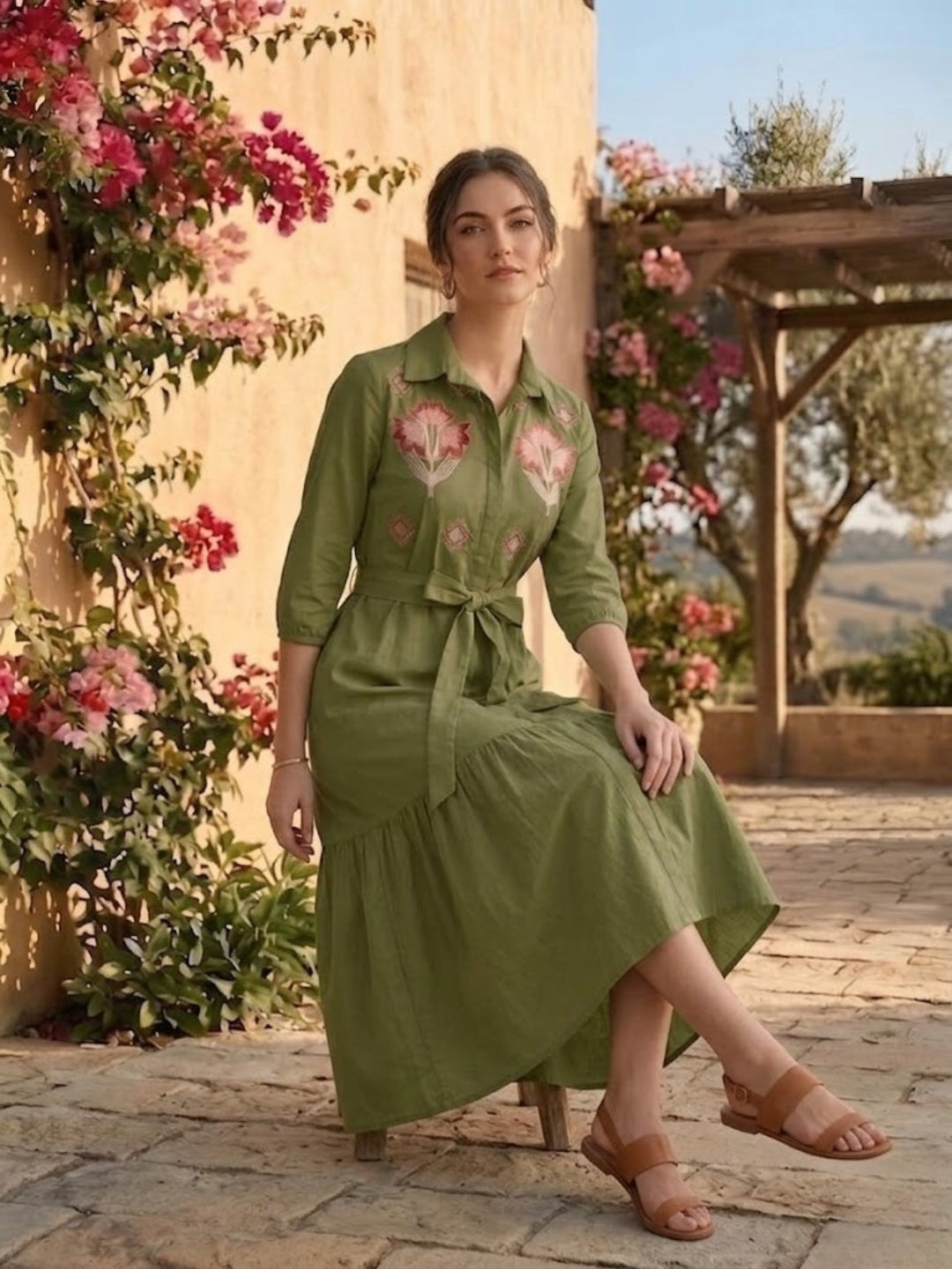Olive Embroidered Cotton Shirt Dress-ADR-22016