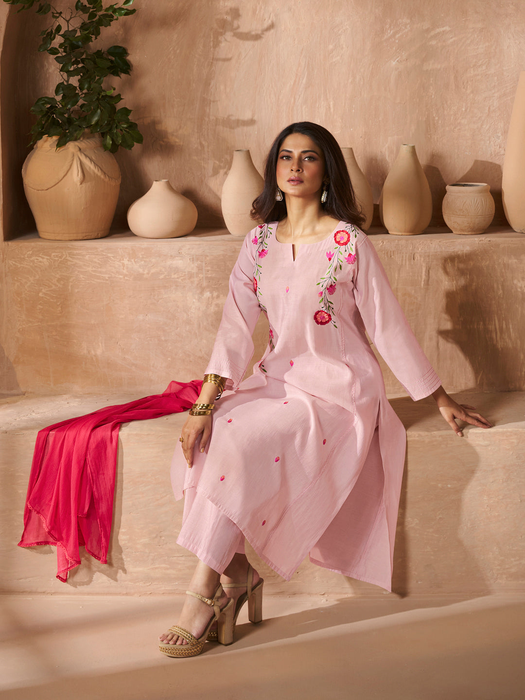 Peach Floral Embroidery Kurta Set with Dupatta