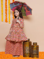 cotton Woven Three-Quarter Sleeves Floral Print Flared Kurta And Sharara Set - Peach