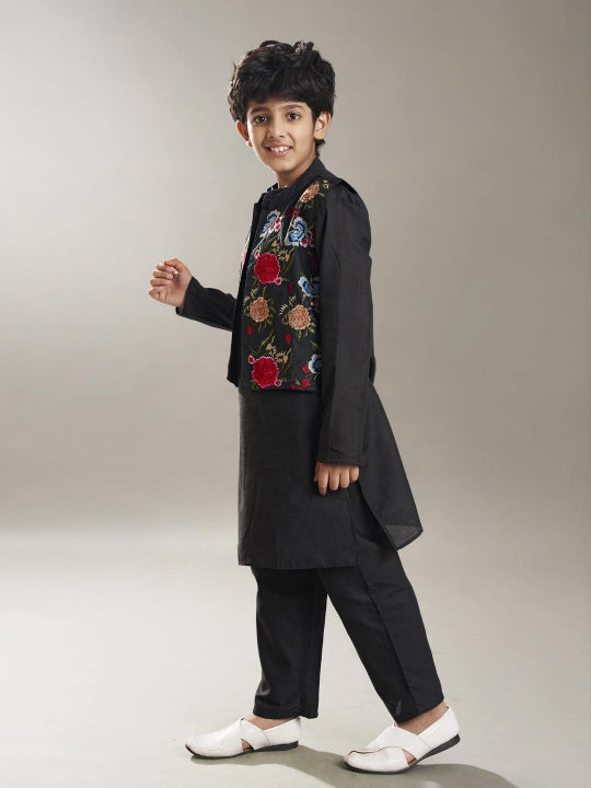 Boys Black kurta matching pajama with a black embroidry jacket