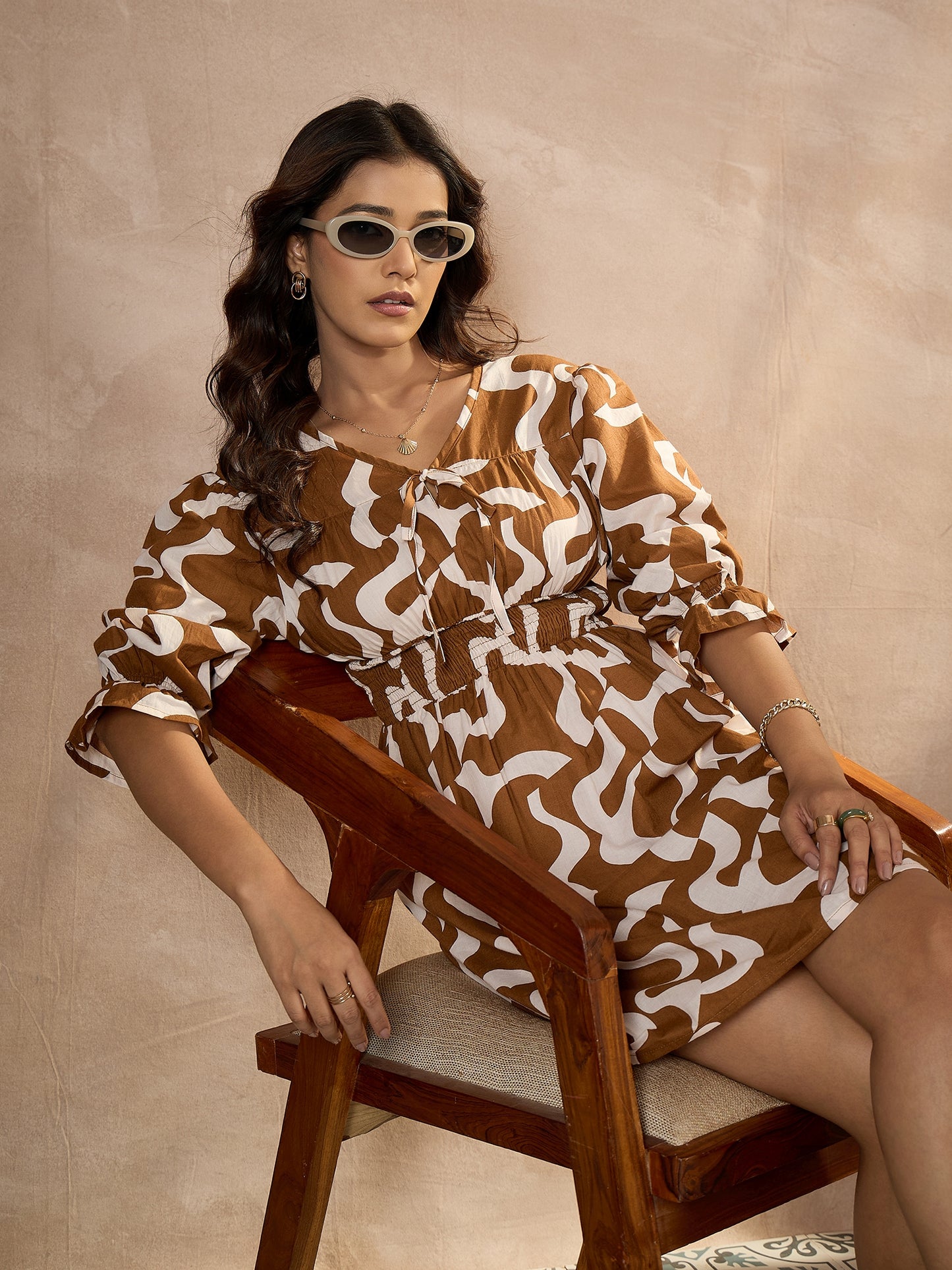 StyleStone Women's Cotton Brown Abstract Printed Dress
