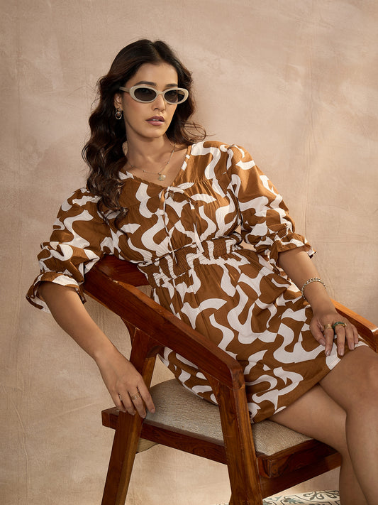 StyleStone Women's Cotton Brown Abstract Printed Dress