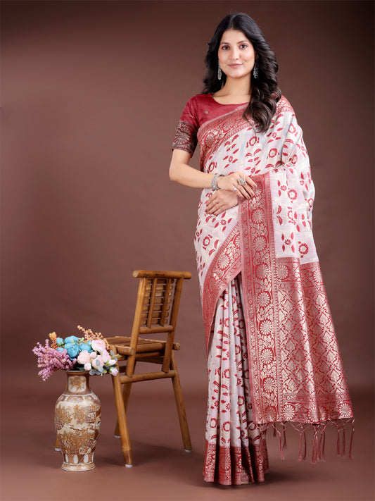 White & Maroon Woven Linen Cotton Saree with Rich Zari Border – Soft Festive Wear Saree for Women