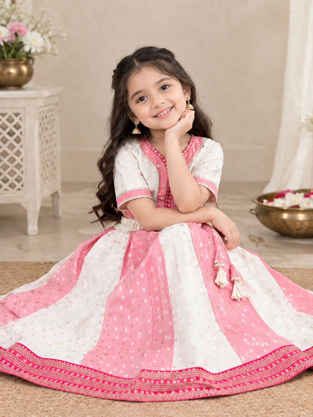 Girls Off White & Green Woven Design Embroidered Patti Lehenga, Choli, Dupatta