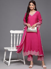 Women Pink Thread Embroidered V-Neck Straight Kurta With Bottom And Dupatta