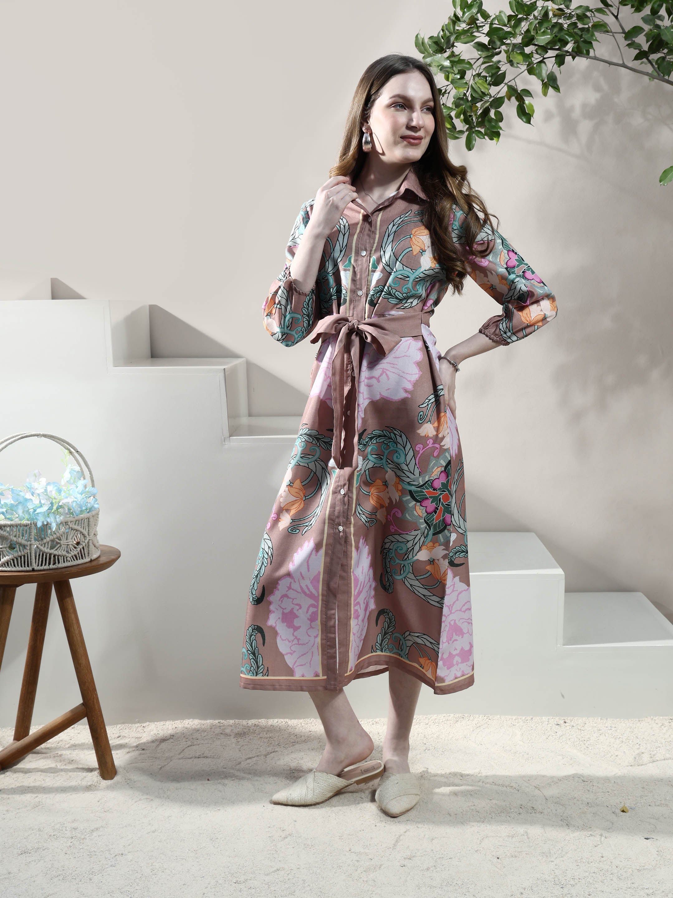 Floral Print Linen Shirt Midi Dress