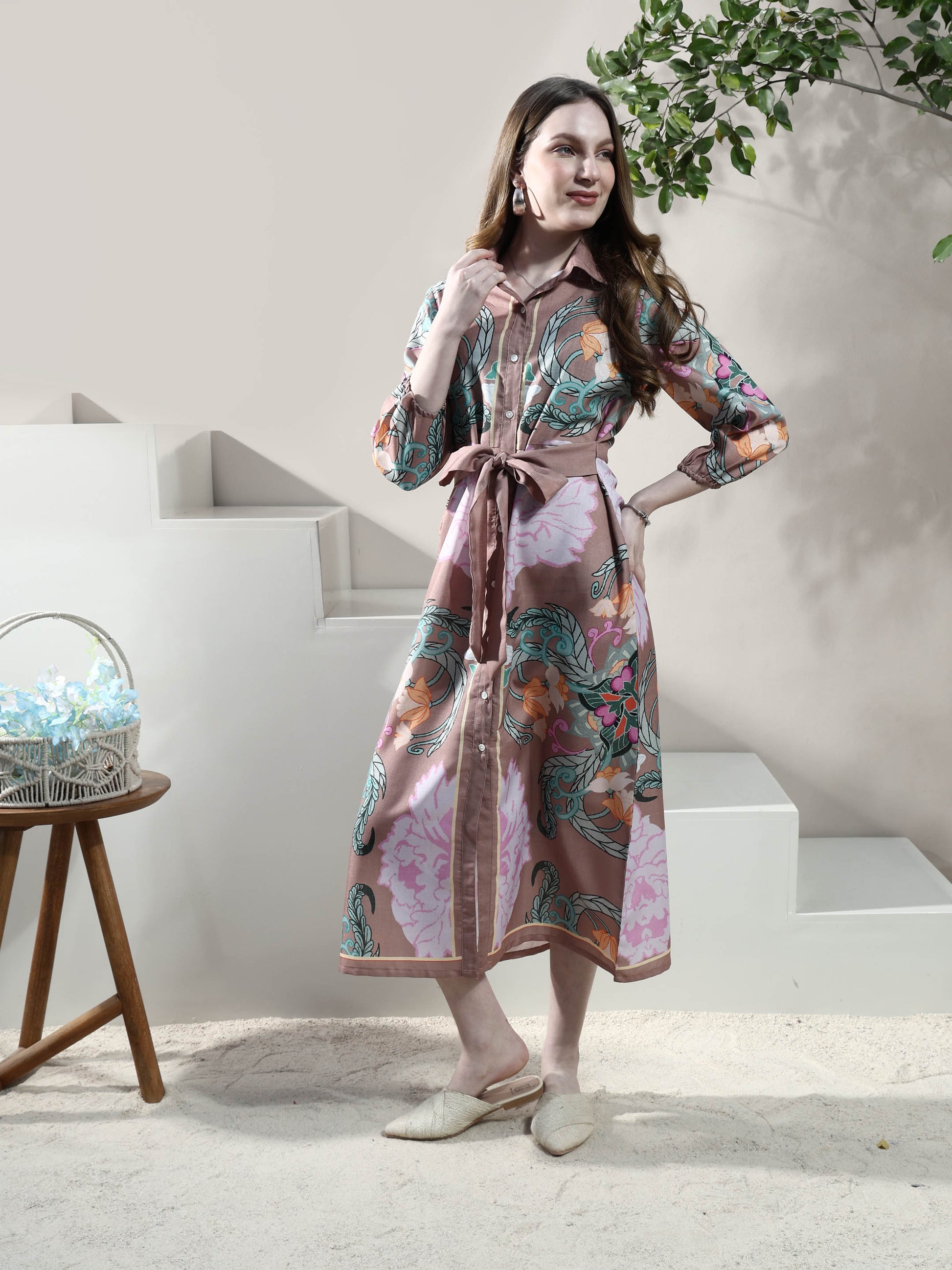 Floral Print Linen Shirt Midi Dress