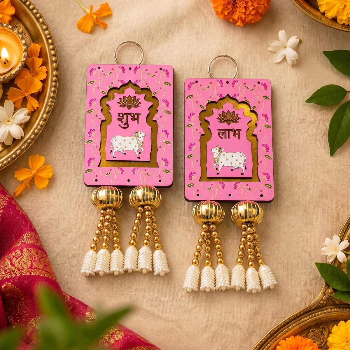 Shubh Labh Door Hanging, MDF Wood, Pink, 6.5Inch Pink 