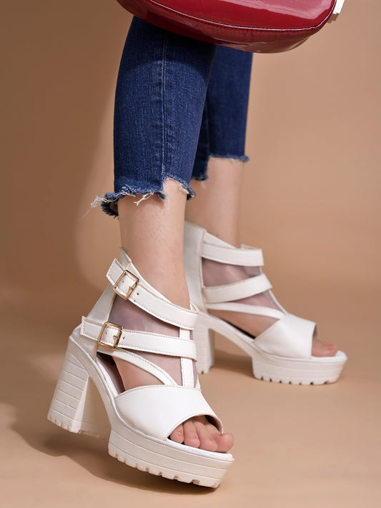 Shoetopia - White Platform Peep Toes with Buckles
