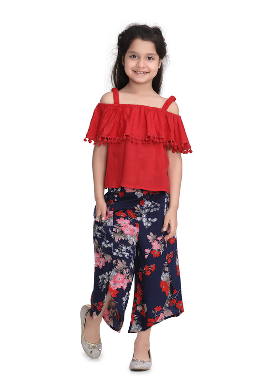 Girls Red Top and Floral 3/4th Pants Set