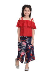 Girls Red Top and Floral 3/4th Pants Set