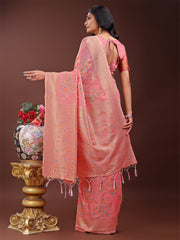 Elegant Orange Linen Cotton Saree with Floral Weave & Soft Gold Pallu – Graceful Choice for Casual, Office & Festive Looks