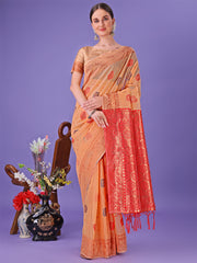 Light Pink Woven Zari Traditional Linen Cotton Saree with Rich Pallu & Unstitched Blouse – Festive & Wedding Wear Saree