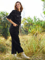 Women Puff Sleeve Denim Top With Trousers Co-Ords