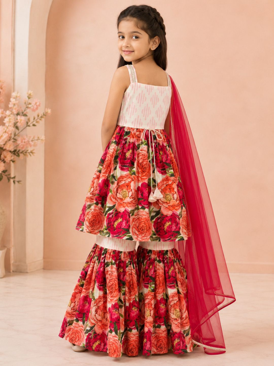 Girls Floral printed Kurta with Sharara and Red Dupatta