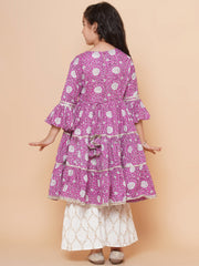 cotton Woven Three-Quarter Sleeves Floral Print Flared Kurta And Sharara Set - Purple