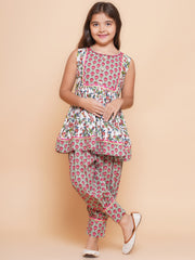Girls Off white Printed Short Kurta with Afgani Salwar