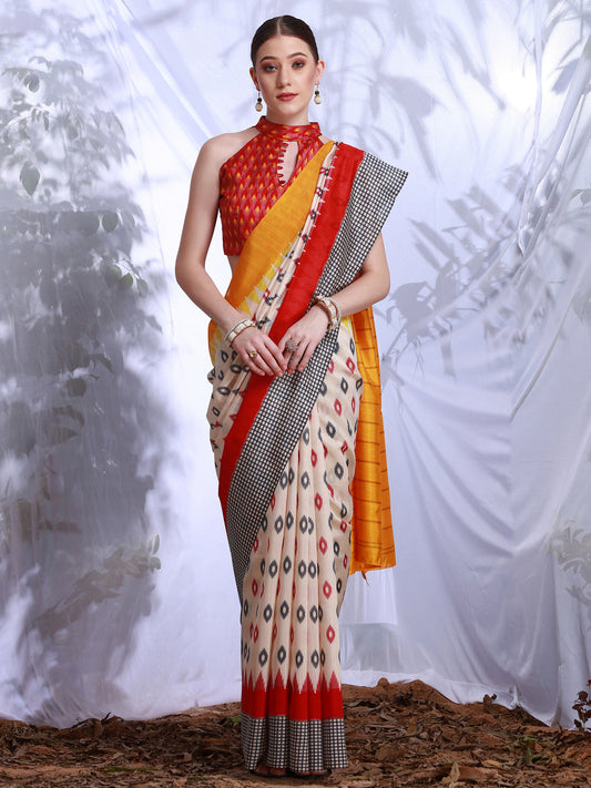 Women's Bhagalpuri Silk Cream Printed DesignerSaree With Blouse Piece