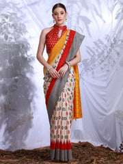 ساري نسائي من حرير بهجالبوري مطبوع باللون الكريمي بتصميم أنيق مع قطعة بلوزة