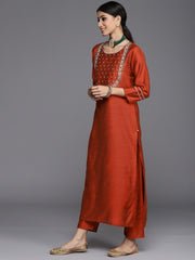 Women maroon & silver embroidered Straight Kurta with Solid Trouser and Printed Dupatta with fringes