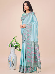 Premium Pink & Sky Blue Floral Woven Lichi Silk Saree with Rich Pallu & Tassels – Festive & Party Wear for Women