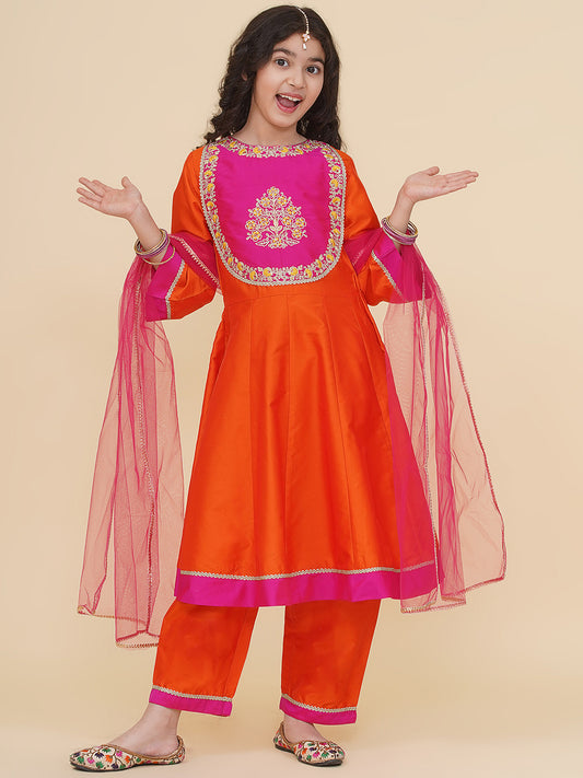 Solid Three-Fourth Sleeves Above Knee Length Silk Kurta & Trousers With Dupatta - Orange
