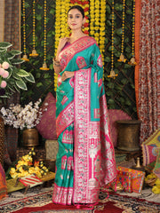 Traditional Red Art Silk Temple Border Festive Wedding Wear Saree