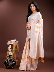 Elegant White & Light Green Leaf Print Cotton Saree for Women with Zari Border & Tassels – Soft & Lightweight Daily Wear Saree
