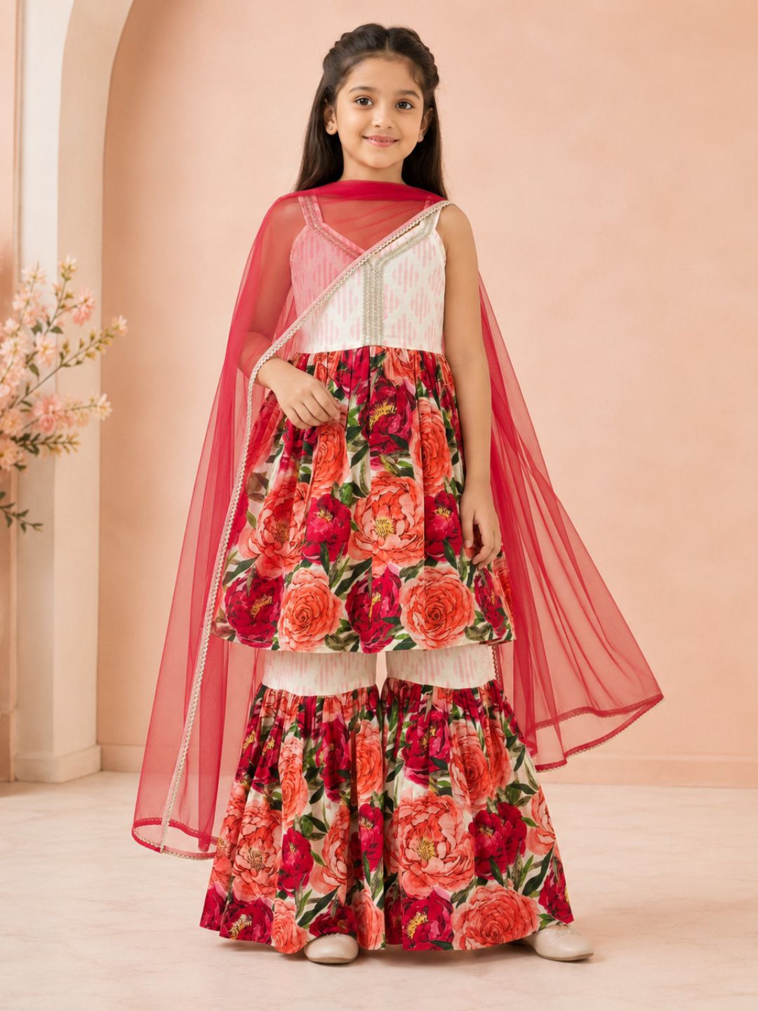 Girls Floral printed Kurta with Sharara and Red Dupatta