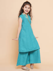 Solid Sleeveless Above Knee Length Cotton Kurta With Palazzo - Sea Green