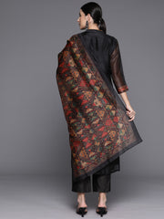 Women Black Printed Straight Kurta Paired With Solid Bottom And Printed Dupatta
