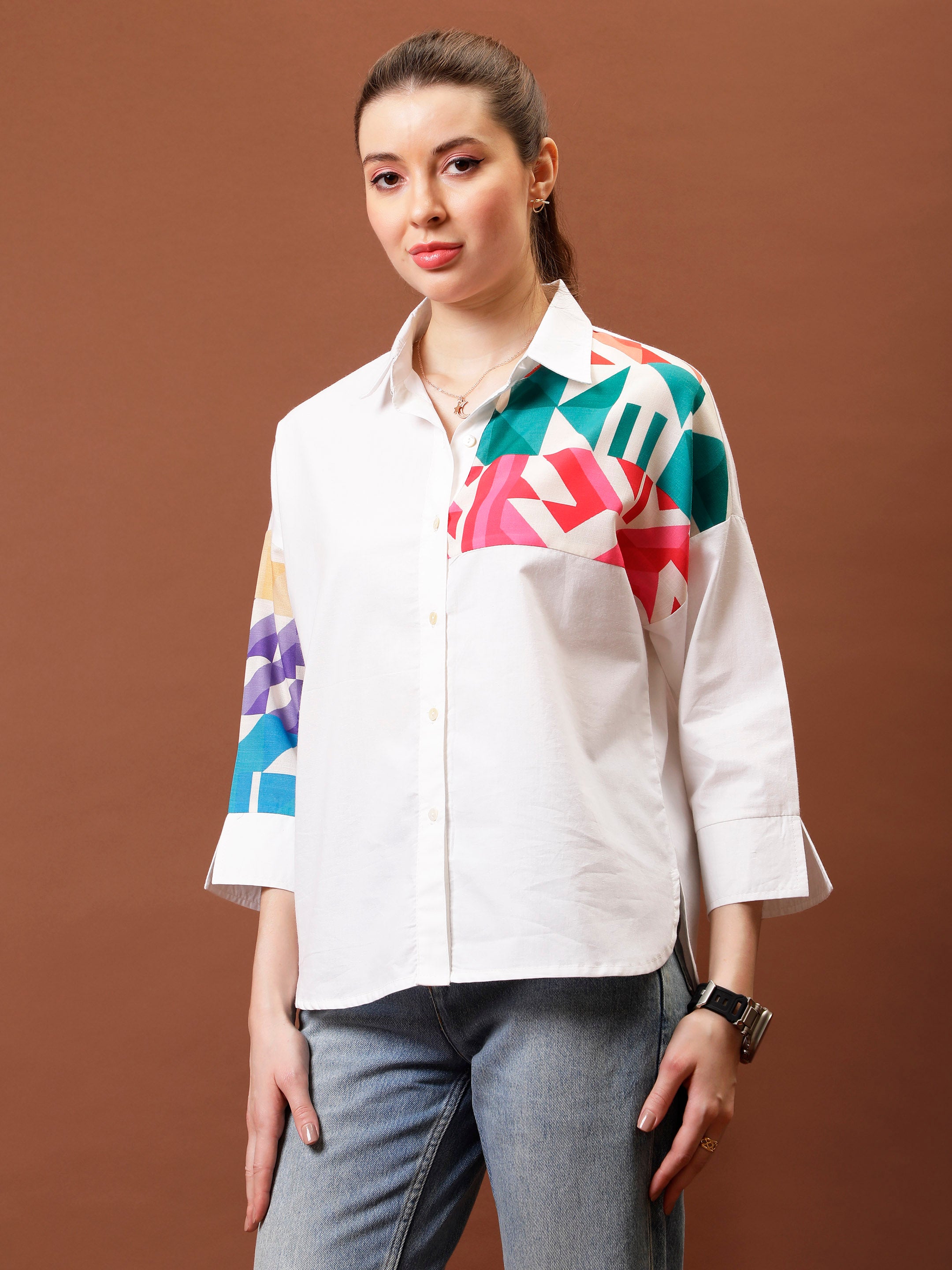 Print Applique Cotton Shirt Style Top